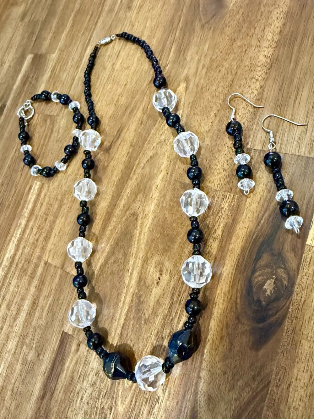 3 Pc Black & Clear Crystal Beaded Jewelry Set Necklace Bracelet Earrings